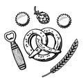 Bavarian pretzel, bottle opener, beer caps, hop cone, barley or wheat ear. Vector illustration