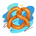 Bavarian pretzel treat with abstract lines and color spots. Baking bun with sprinkles. German food at Oktoberfest. Vector cartoon Royalty Free Stock Photo