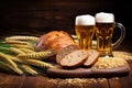 bavarian pretzels on a wooden board next to wheat beer