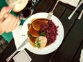 Bavarian Sauerbraten of beef, bread dumplings Royalty Free Stock Photo