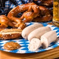 Bavarian sausage with pretzel, sweet mustard Royalty Free Stock Photo