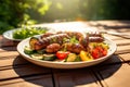 Bavarian sausages and grilled vegetables in a plate on the table