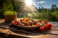 Bavarian sausages and grilled vegetables in a plate on the table