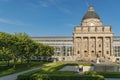 24 May 2019 Munich, Germany - The Bavarian State Chancellery `Bayerische Staatskanzlei` building in Munich, blue sky and green fol