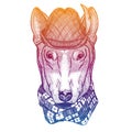 Vector dog, bullterrier. Bavarian traditional hat. Tirol austrian hat. Beer oktoberfest animal portrait.