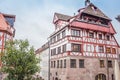 Bavarian traditional houses called fachwerkhaus. Medieval architecture. Exterior of ancient timbered buildings. Nuremberg landmark