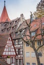 Bavarian traditional houses called fachwerkhaus. Medieval architecture. Exterior of ancient timbered buildings. Nuremberg landmark