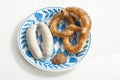 Bavarian veal sausage and pretzel with sweet mustard in plate Royalty Free Stock Photo