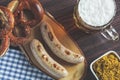 The bavarian weisswurst, pretzel and mustard Royalty Free Stock Photo