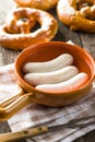 The bavarian weisswurst, pretzel and mustard. Royalty Free Stock Photo