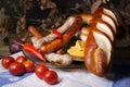 Bavarian White And Red Sausages With Mustard, Bavarian Buns and Royalty Free Stock Photo