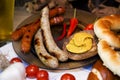 Bavarian White And Red Sausages With Mustard, Bavarian Buns and