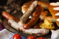 Bavarian White And Red Sausages With Mustard, Bavarian Buns and Royalty Free Stock Photo