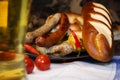 Bavarian White And Red Sausages With Mustard, Bavarian Buns and Royalty Free Stock Photo