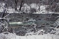 Bavarian winter landscape, green running waters framed by white