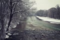 Bavarian winter landscape, Isar river and snow