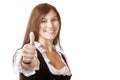 Bavarian woman with Dirndl dress shows thumb up