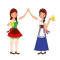 bavarian women holding hands with beers