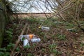 Bawdsey, Suffolk, UK January 06 2021: Discarded litter and rubbish at a local beauty spot near a beach. Litter pick, environmental