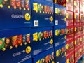 BAXTER, MN - 3 FEB 2021: Store display of blue boxes with bags of snacks. Royalty Free Stock Photo