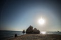 Bay of Aphrodite. Cyprus. Sea shore rock stones. blue sky day
