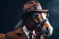 Bay beautiful horse in a hat, suit and tie, gentleman and boss. AI generated.