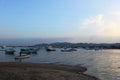 Bay and boats on the water. Low mountains in the distance. Resort on the Red sea coast, Safaga, Egypt Royalty Free Stock Photo