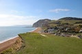 The bay at the the English town of Seatown in Dorset on the Jurassic coast. On the coastal path between Charmouth and West Bay. Royalty Free Stock Photo