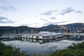 Bay with floating houses and moored yachts in Colombia River Gorge Royalty Free Stock Photo