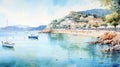 Bay Of France Watercolor Painting With Charming Mediterranean Landscapes