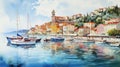 Bay Of France Watercolor Painting: Vibrant Village And Serene Harbor