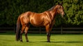 A bay horse with a fluffy tail and mane on green grass during the day. AI generated. Royalty Free Stock Photo