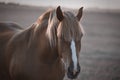 Bay horse grazing on a green field portrait Royalty Free Stock Photo