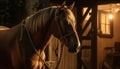 Bay horse mane shines in sunset light generated by AI