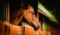 A bay horse portrait in a wooden stall at a stable on a sunny summer day. The rural agriculture and domestic livestock, portraying