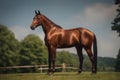 Bay horse run gallop on desert sand against blue sky. Neural network AI generated Royalty Free Stock Photo