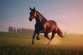 Bay horse run gallop on desert sand against blue sky. Neural network AI generated Royalty Free Stock Photo