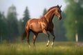 Bay horse run gallop on desert sand against blue sky. Neural network AI generated Royalty Free Stock Photo