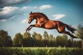 Bay horse run gallop on desert sand against blue sky. Neural network AI generated Royalty Free Stock Photo