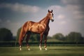 Bay horse run gallop on desert sand against blue sky. Neural network AI generated Royalty Free Stock Photo