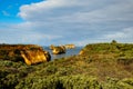 Bay of Islands on the Great Ocean Road. Rock formation in the ocean. Rocks covered by bushes. Australia landscape. Victoria,