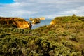 Bay of Islands on the Great Ocean Road. Rock formation in the ocean. Rocks covered by bushes. Australia landscape. Victoria,