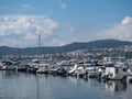 Bay of Kavala with Power Boats and Sailboats Moored in the Harbor Royalty Free Stock Photo