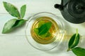 Bay leaf tea. Fresh laurel leaves infusion with a cup and a teapot Royalty Free Stock Photo