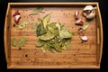 Bay leaf on a wooden background. Garlic and pepper in a pot. View from above. Seasoning flavoring for meat and food.