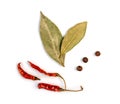 Bay leaves and chili peppers on a white background Royalty Free Stock Photo