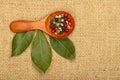 Bay leaves and peppercorn scoop on burlap canvas Royalty Free Stock Photo