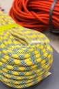 Bay of multicolored climbing rope for climbing. Royalty Free Stock Photo