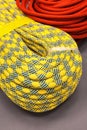 Bay of multicolored climbing rope for climbing. Royalty Free Stock Photo