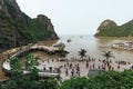 Bay near Thien Cung Cave with many boats and tourists in summer at Ha Long Bay in Quang Ninh, Vietnam